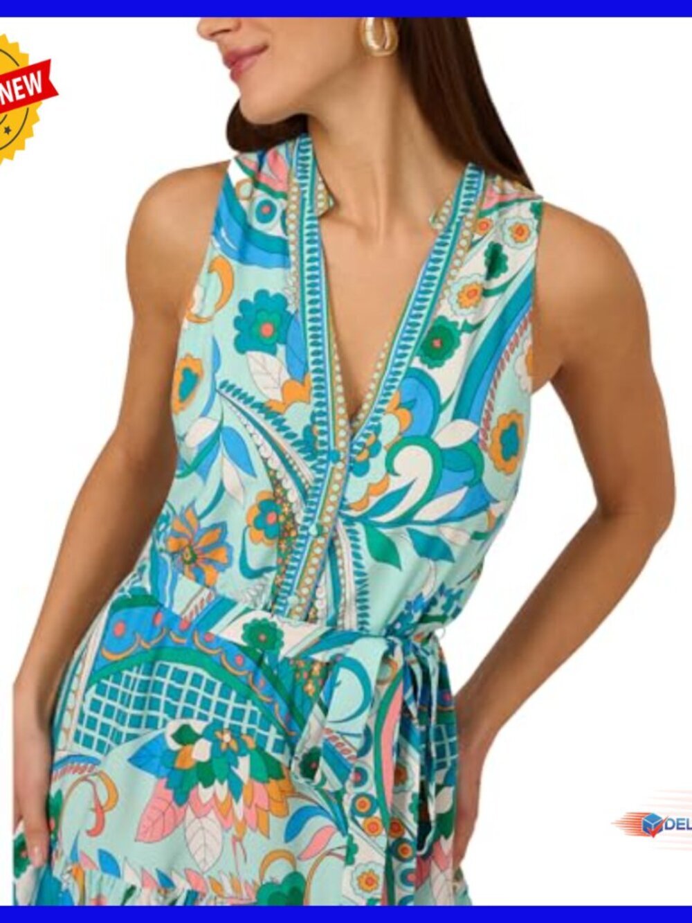 Printed Halter Sundress, A-Line Flounce Hem, Button Front, Tie Belt - Picture 4 of 5
